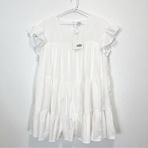 Selfie Leslie Hyacinth Ruffle Sleeve Smock Dress White Lined 100% Cotton XL